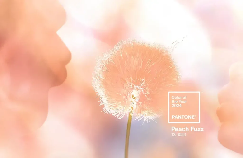 blurry photo of child blowing a dandelion; overall shade of photo is Peach Fuzz, text in bottom right hand corner reads 'Pantone Color of the Year 2024- Peach Fuzz'