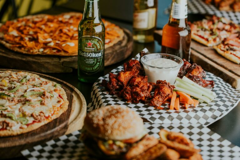 Pizza, beer, and hot wings